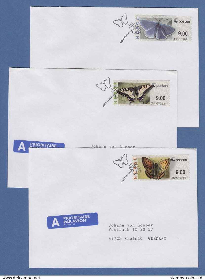 Norwegen 2008 ATM Schmetterlinge Neues Logo Mi.-Nr. 10-12 Je Wert 9,00 Auf FDC  - Timbres De Distributeurs [ATM]