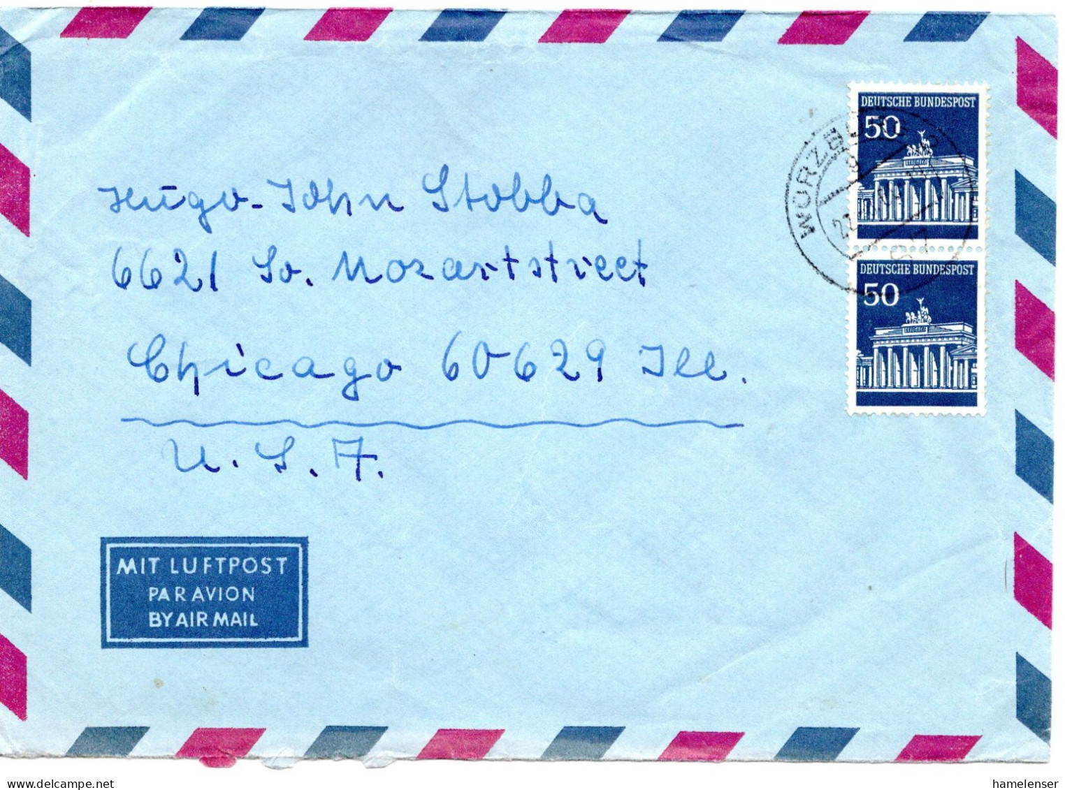 74465 - Bund - 1968 - 2@50Pfg Brandenburger Tor A LpBf WUERZBURG -> Chicago, IL (USA) - Lettres & Documents