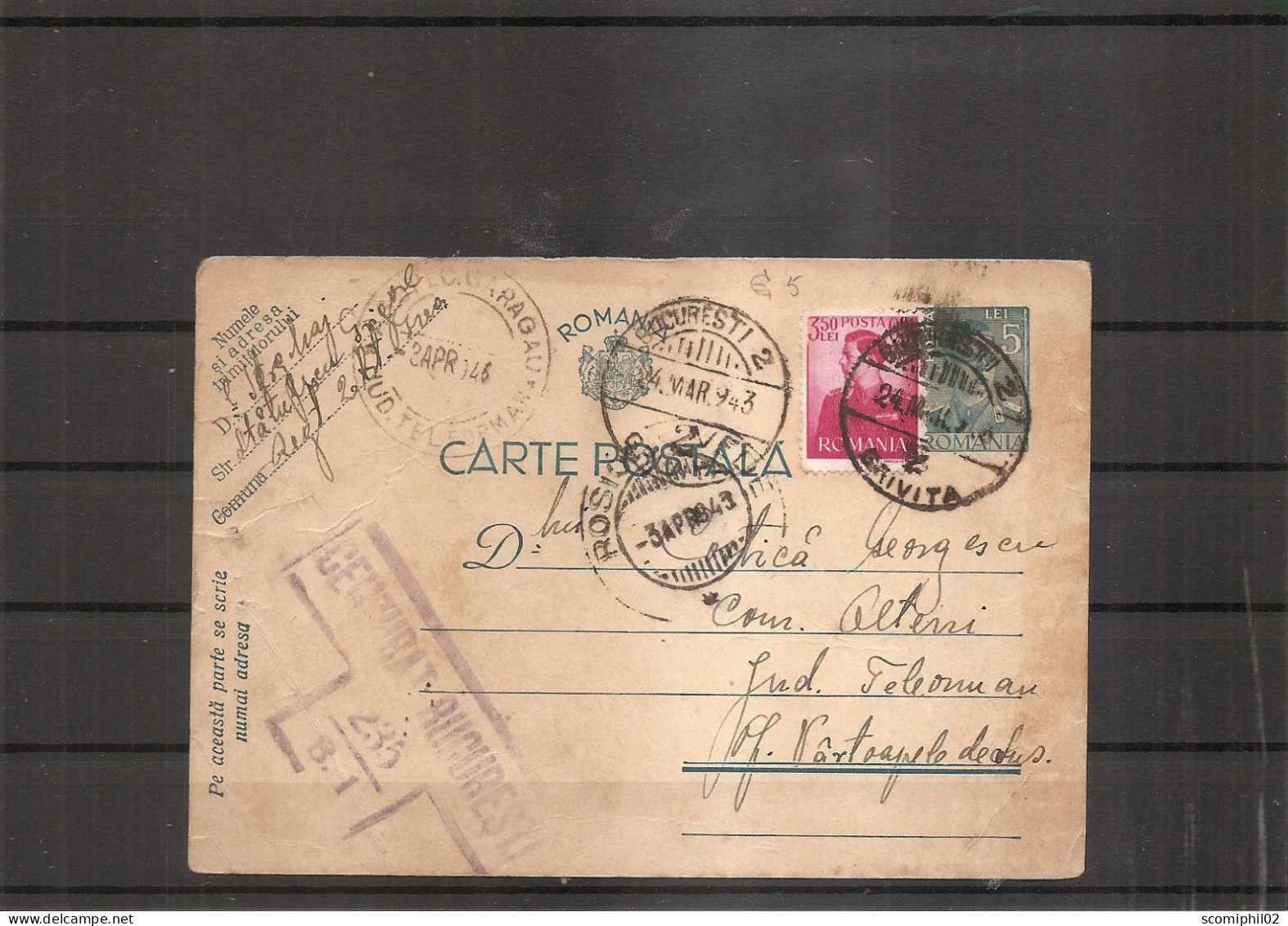 Roumanie - Guerre 40/45 ( Lettre En Censure De 1943 De Bucarest  Vers L'intérieur à Voir) - 2. Weltkrieg (Briefe)