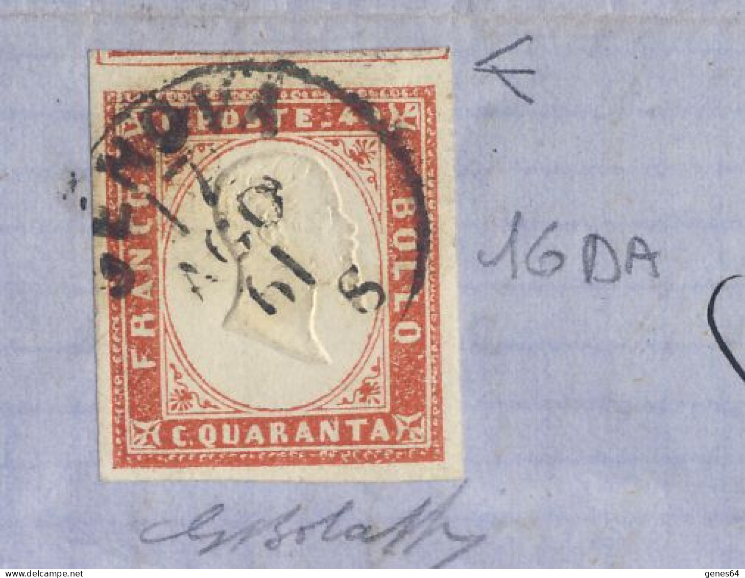 40 C. Rosso Vermiglio (16Da) Con Varietà Linea Di Riquadro Il 17/08/1861 - F. Bolaffi    - Vedi Descrizione (3 Immagini) - Sardinia