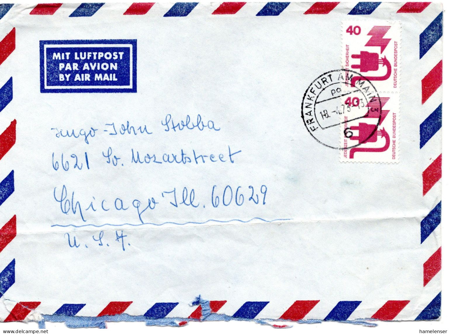 74469 - Bund - 1973 -  2@40Pfg Unfall A LpBf FRANKFURT -> Chicago, IL (USA), U Querbug - Storia Postale