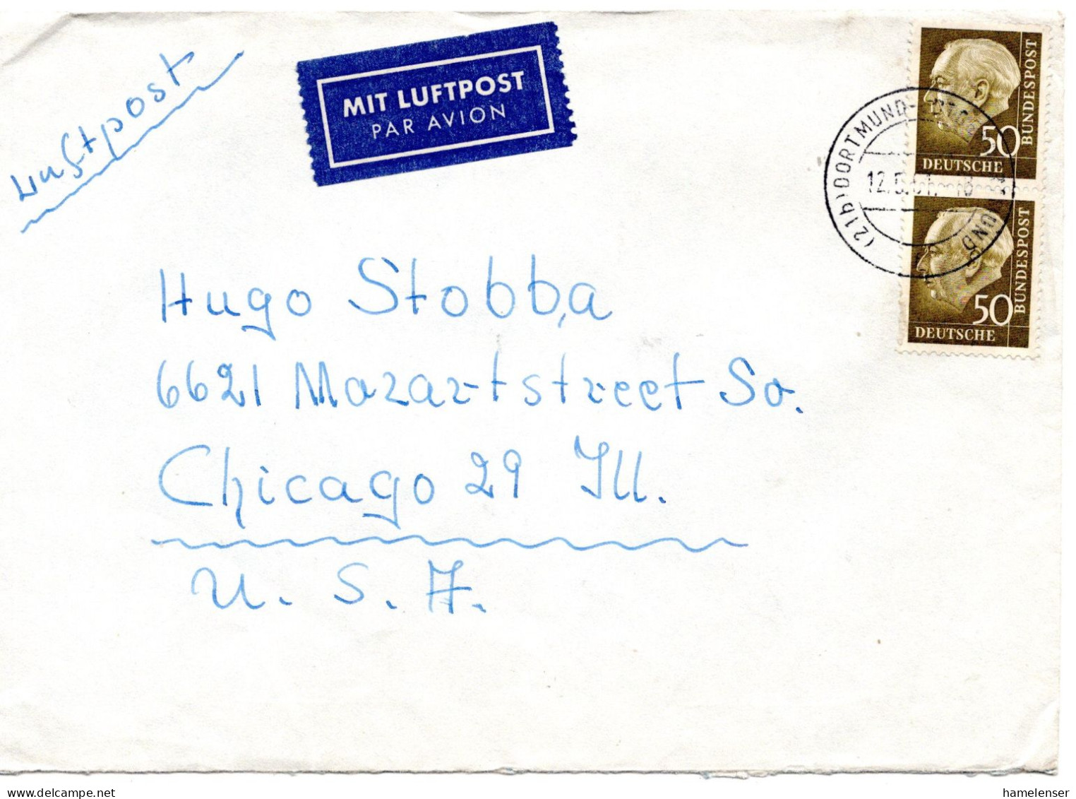 74470 - Bund - 1961 -  2@50Pfg Heuss II A LpBf DORTMUND -> Chicago, IL (USA) - Lettres & Documents