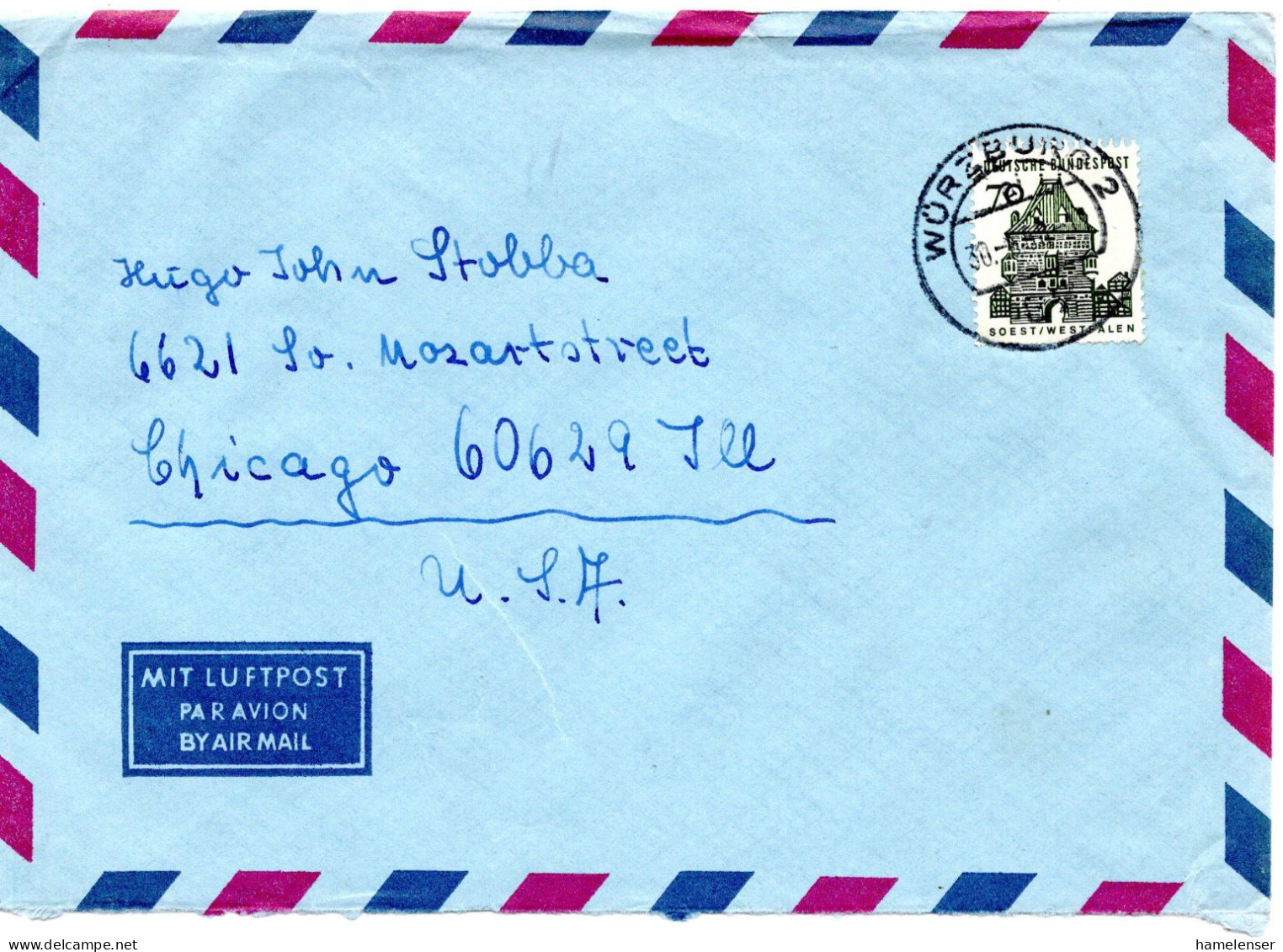 74473 - Bund - 1968 - 70Pfg Kl Bauten EF A LpBf WUERZBURG -> Chicago, IL (USA) - Storia Postale