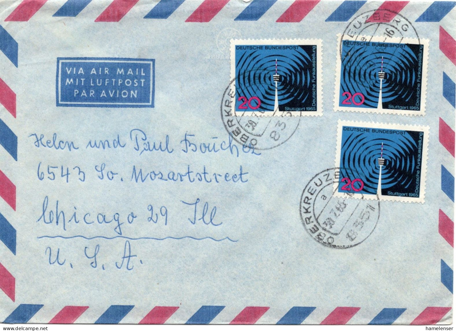 74474 - Bund - 1965 - 3@20Pfg Funkausstellung A LpBf OBERKREUZBERG -> Chicago, IL (USA) - Briefe U. Dokumente
