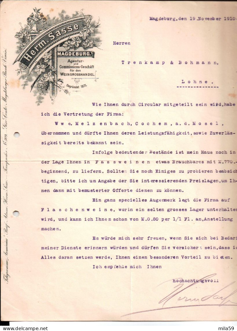 Herm. Sasse. Magdeburg. Agentur Und Commissions Geschäft Für Den Weingrosshandel. à Trenkamp & Bohmann Lohne. 1910 - 1900 – 1949