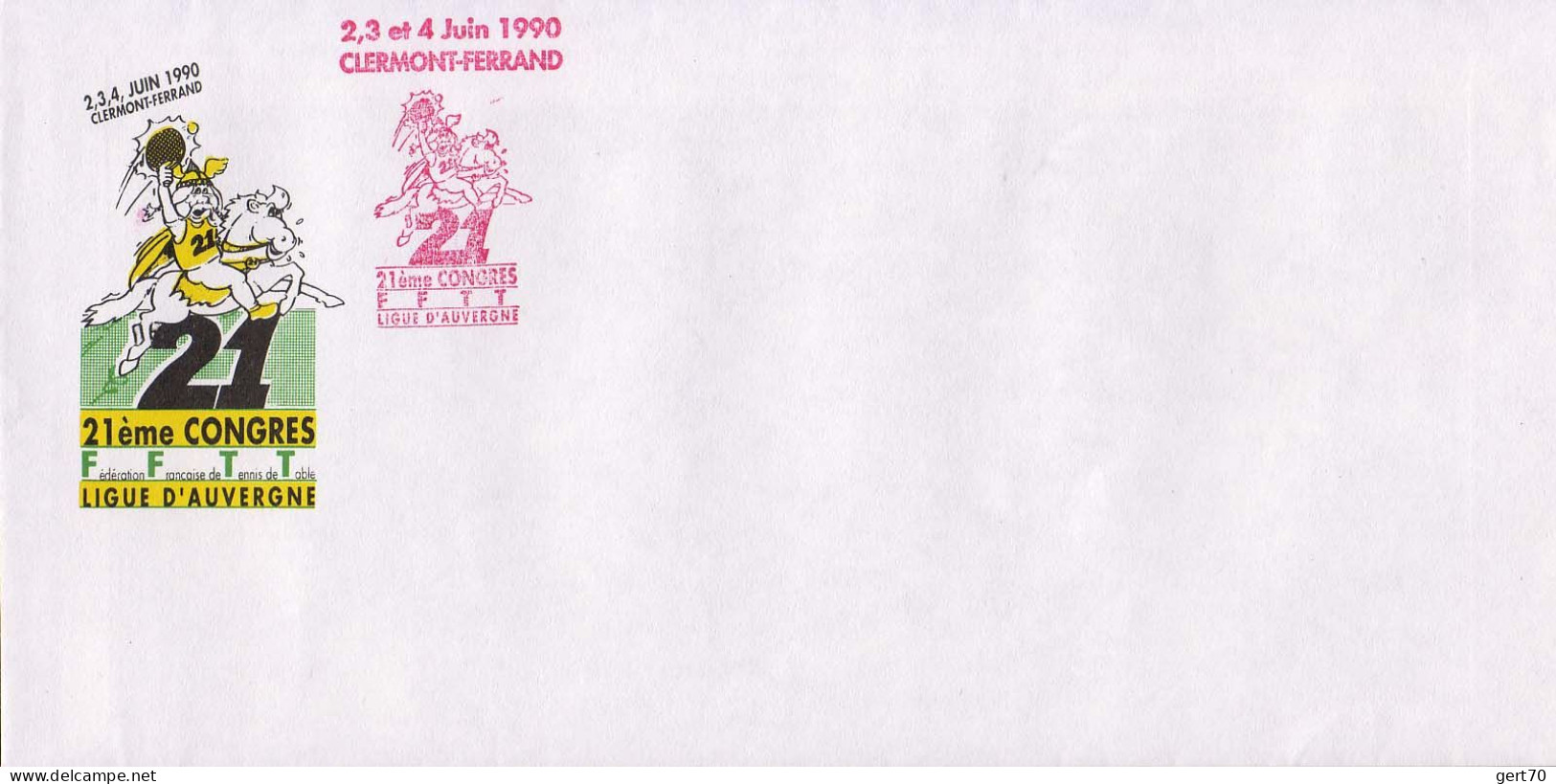 France 1990, Mint Cover / Enveloppe Vierge / 21st French TT Congress / Clermont-Ferrand - Tennis Tavolo