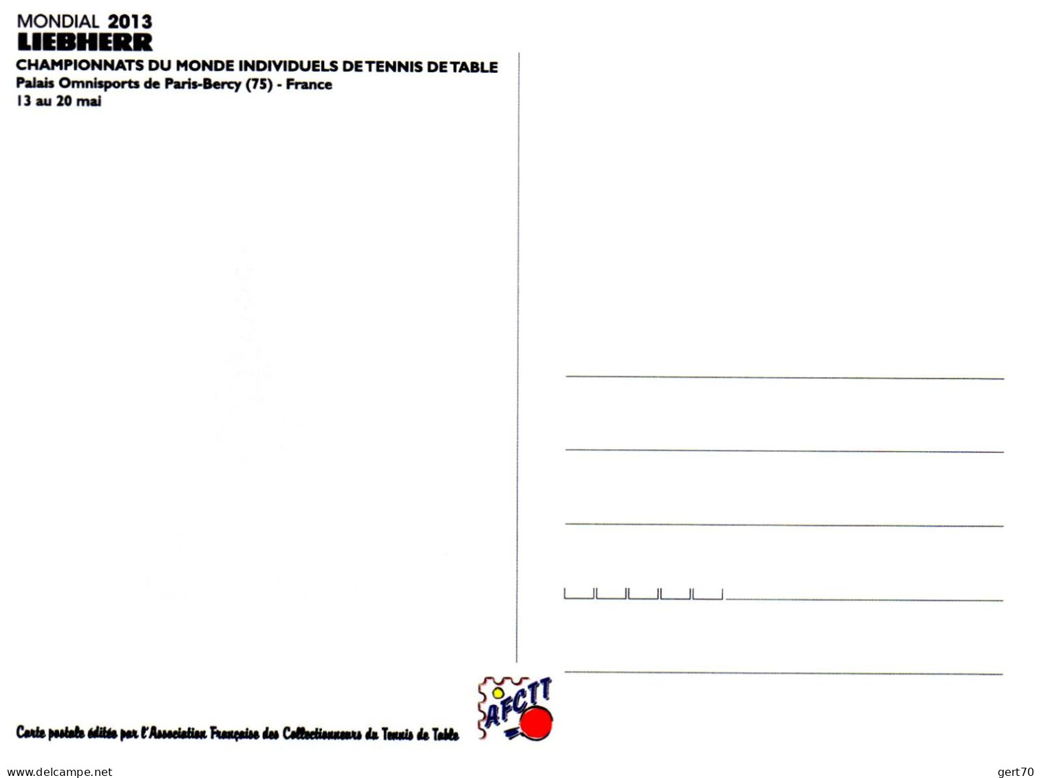 France 2013, Mint Postcard / Carte Postale Vierge / World Individual TT Championships, Paris - Tischtennis