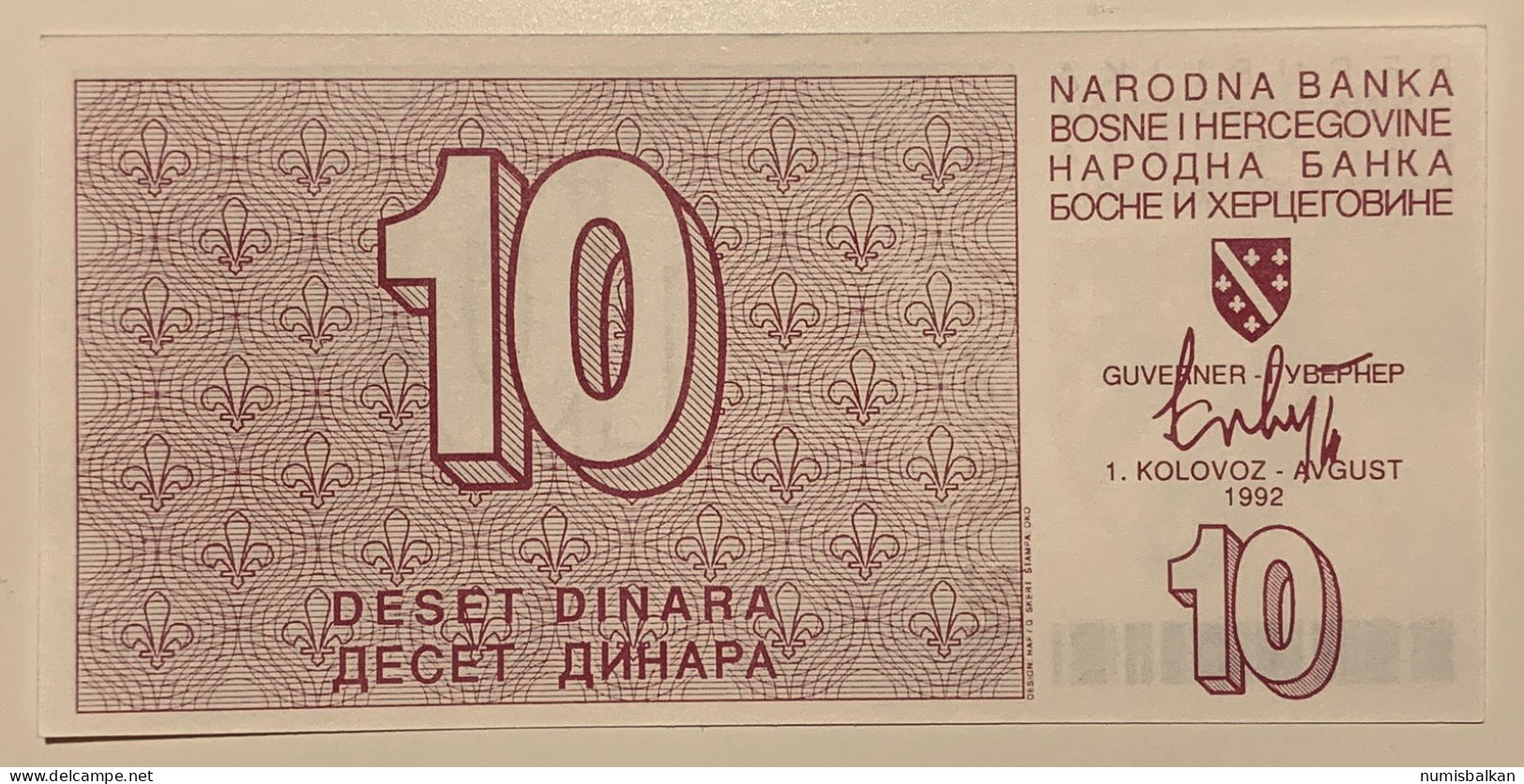 Bosnia, 10 Dinars 1992, Pick-21a, UNC - Bosnien-Herzegowina