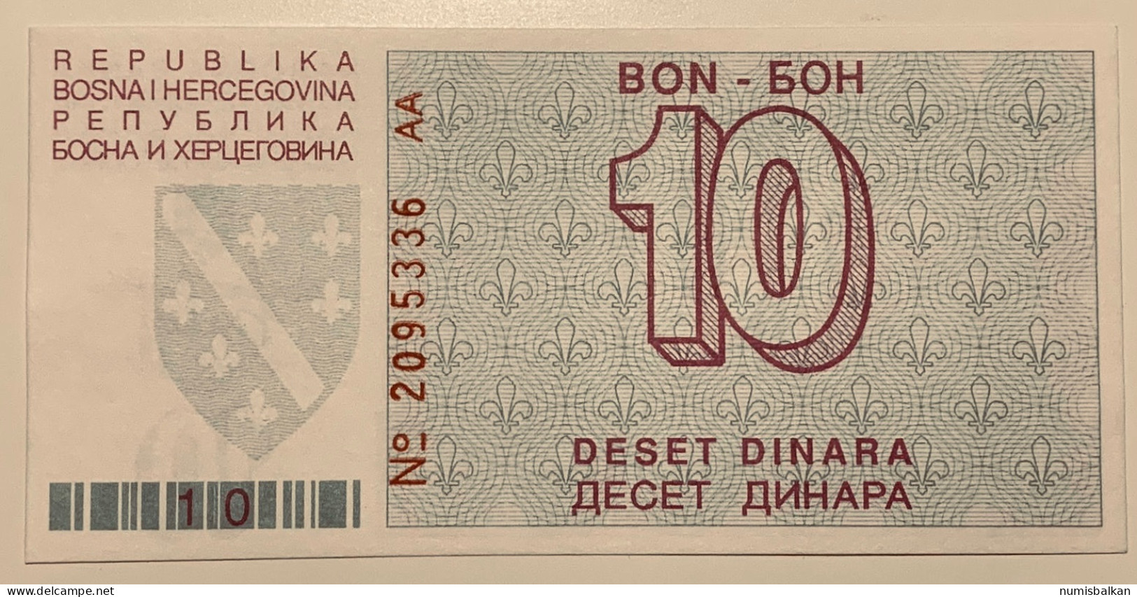 Bosnia, 10 Dinars 1992, Pick-21a, UNC - Bosnie-Herzegovine