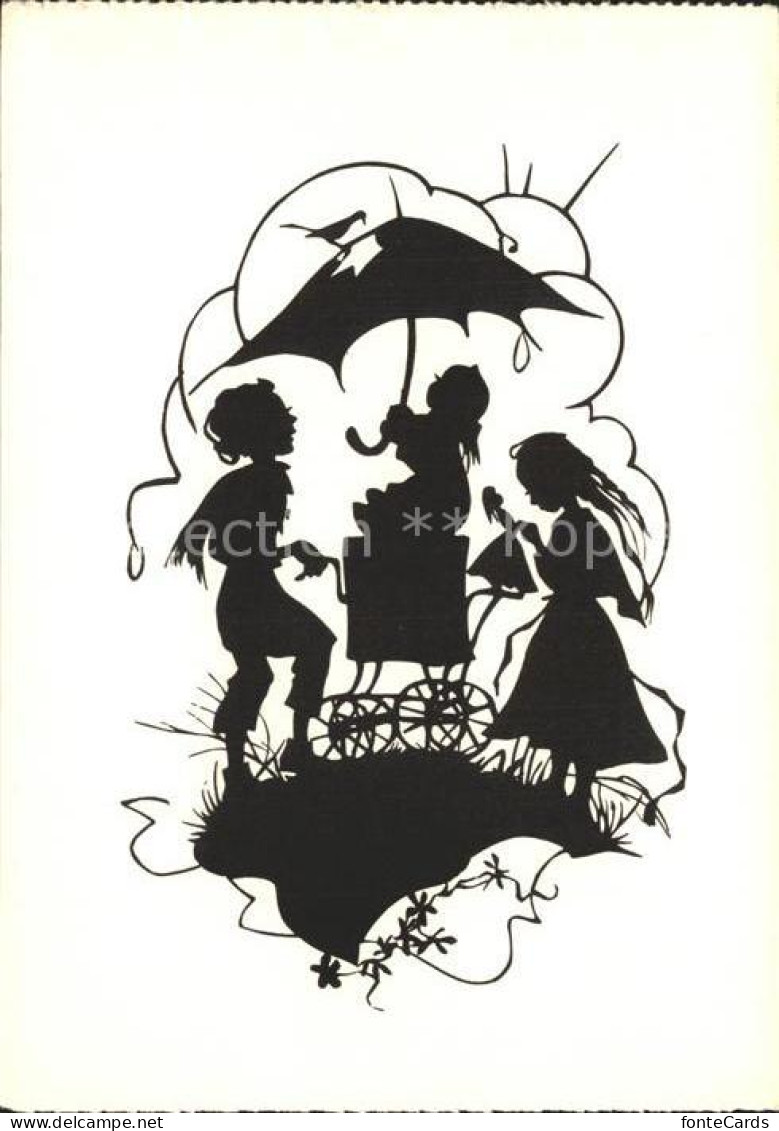 72132085 Scherenschnitt Schattenbildkarte Doerte Guyat Kinder Puppe Regenschirm  - Silhouettes