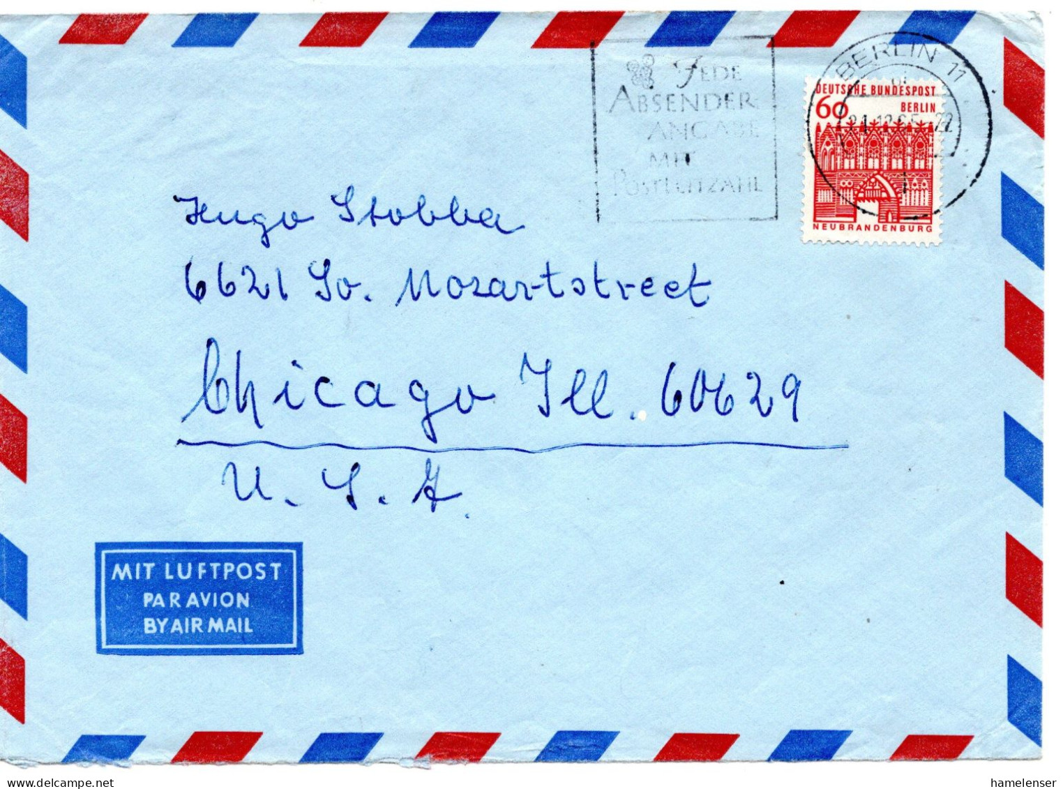 74486 - Berlin - 1965 - 60Pfg Kl Bauten EF A LpBf BERLIN - ... -> Chicago, IL (USA) - Storia Postale