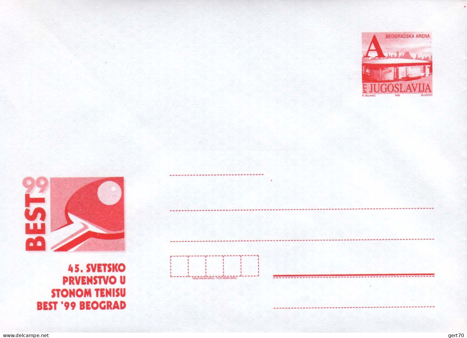 Yugoslavia / Yougoslavie 1999, Mint Cover, Stationery / Enveloppe Vierge, Entier Postal / 45th WTTC, Belgrade - Tennis De Table