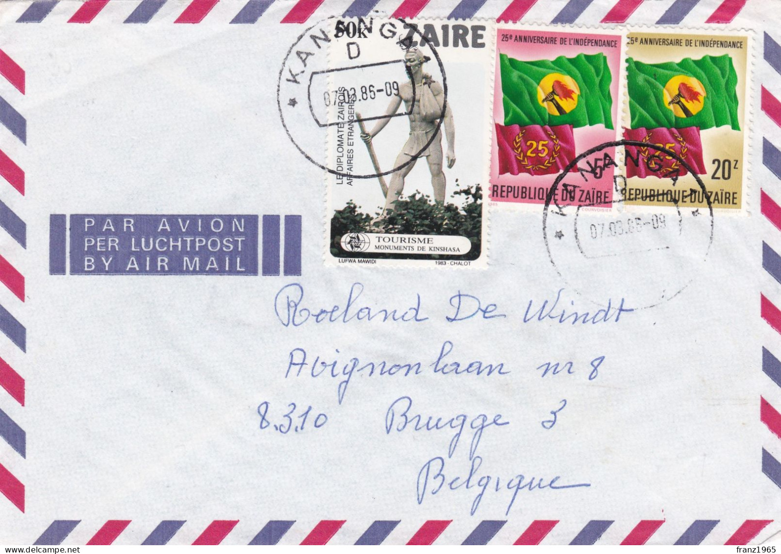 From Zaire To Belgium, 1986 (Kananga) - Covers & Documents