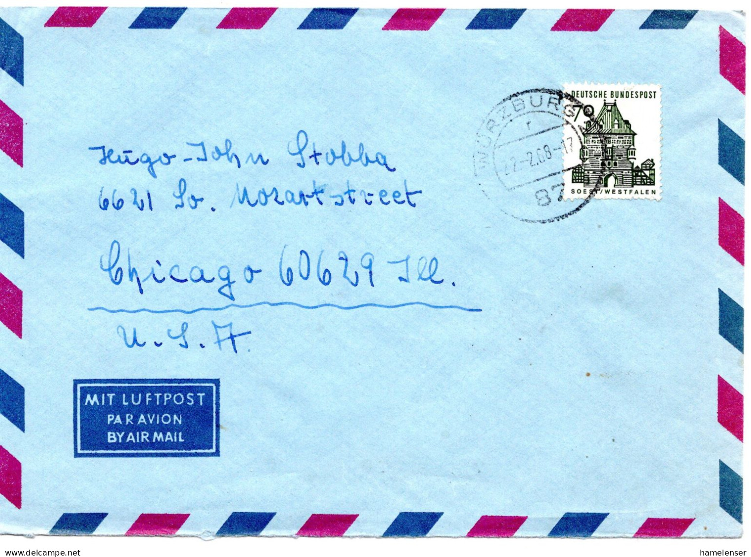 74492 - Bund - 1968 - 70Pfg Kl Bauten EF A LpBf WUERZBURG -> Chicago, IL (USA) - Covers & Documents