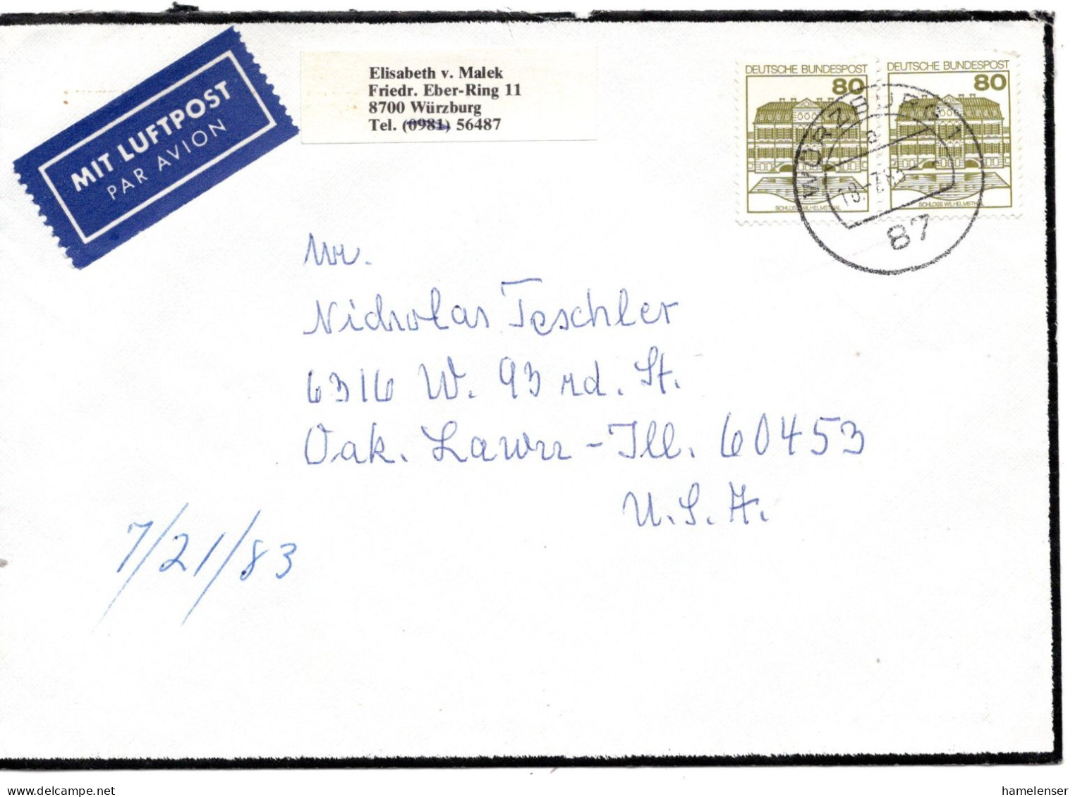 74495 - Bund - 1983 - 2@80Pfg B&S A LpBf WUERZBURG -> Chicago, IL (USA) - Cartas & Documentos
