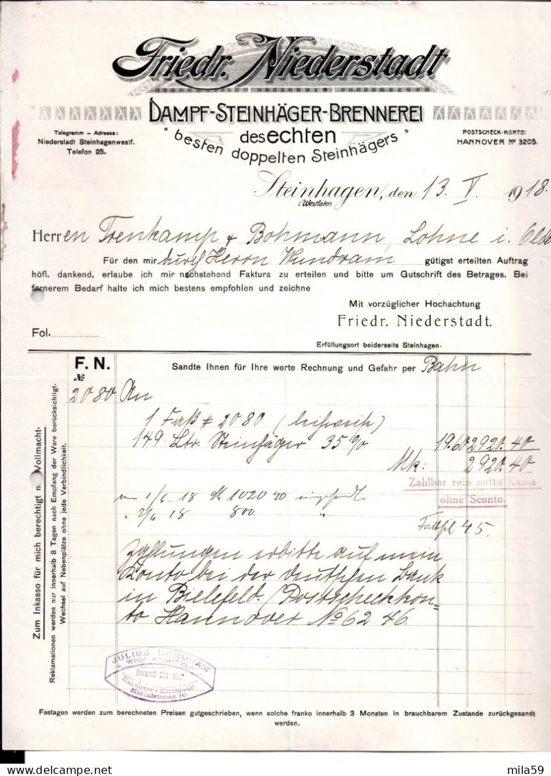 Friedrich Niederstadt. Dampf Steinhäger Brennerei . à Trenkamp & Bohmann, Lohne. 1918. - 1900 – 1949