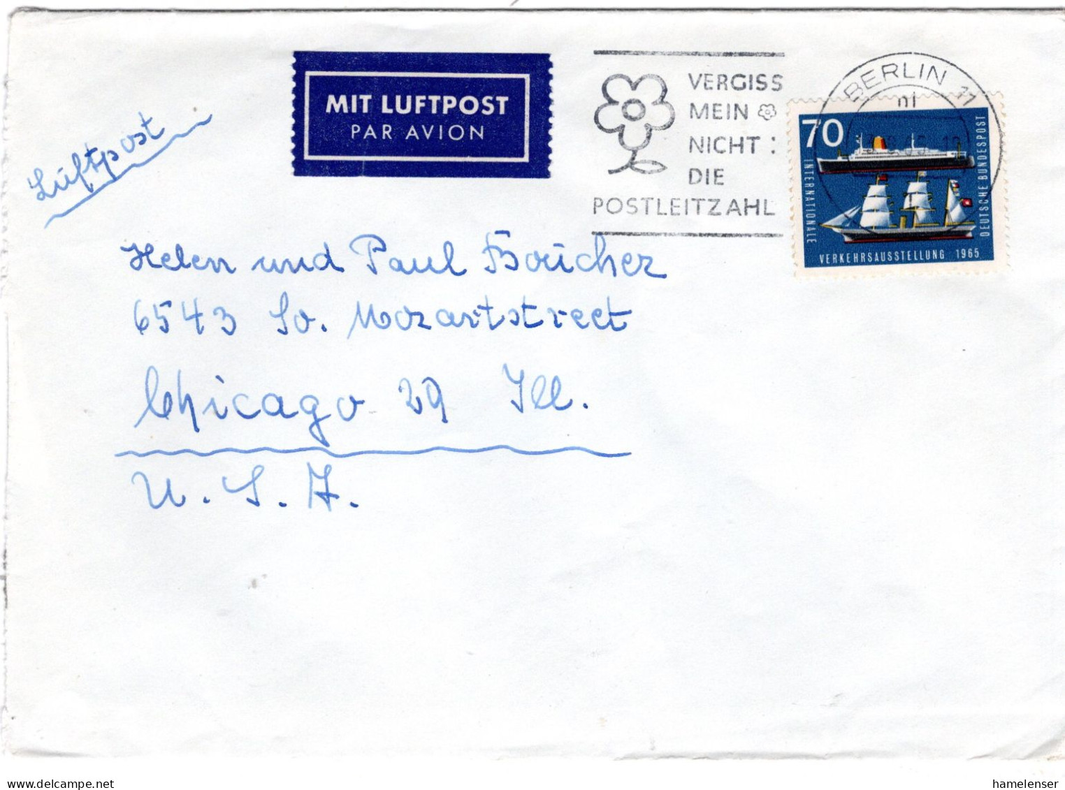 74501 - Bund - 1965 - 70Pfg IVA EF A LpBf BERLIN - ... -> Chicago, IL (USA) - Covers & Documents