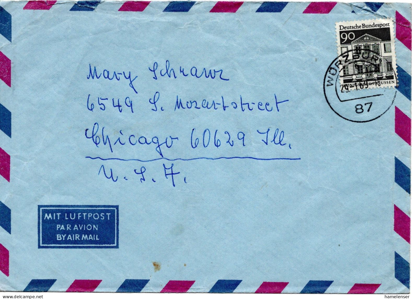74507 - Bund - 1969 - 90Pfg Gr Bauten EF A LpBf WUERZBURG -> Chicago, IL (USA) - Storia Postale