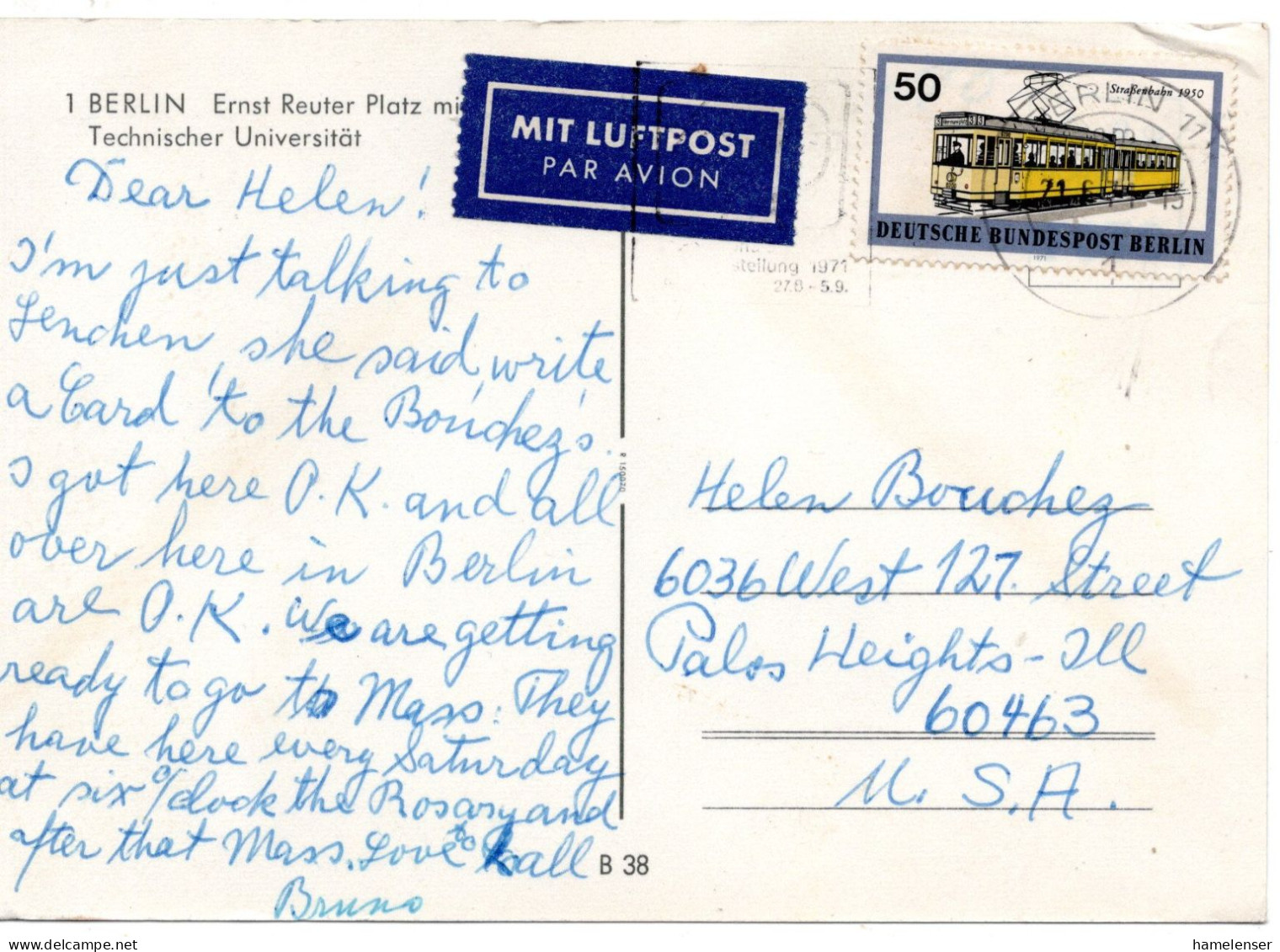 74509 - Berlin - 1971 - 50Pfg Strassenbahn EF A LpAnsKte BERLIN - ... -> Palos Heights, IL (USA) - Briefe U. Dokumente