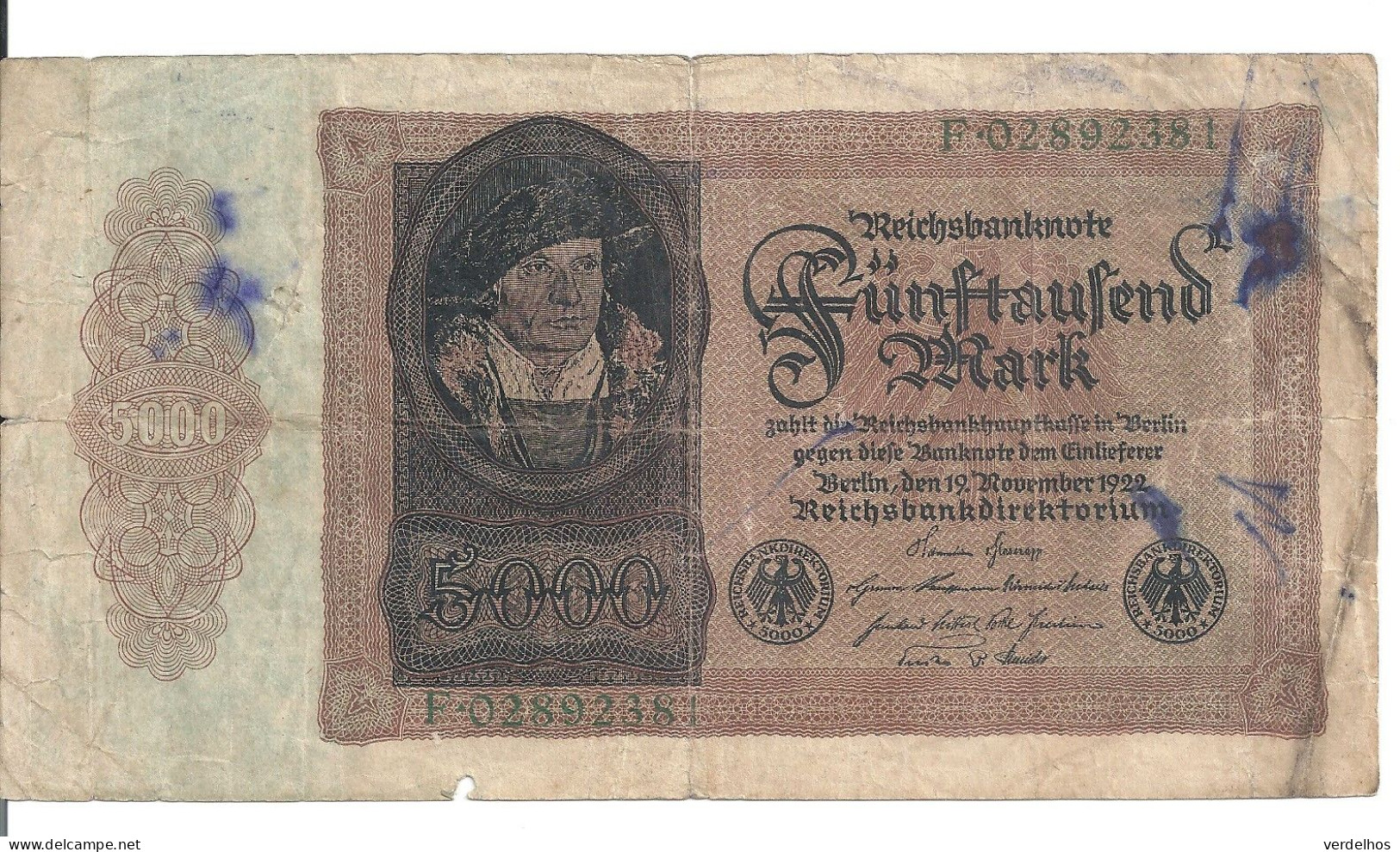 ALLEMAGNE 5000 MARK 1922 VG+ P 77 - 5.000 Mark