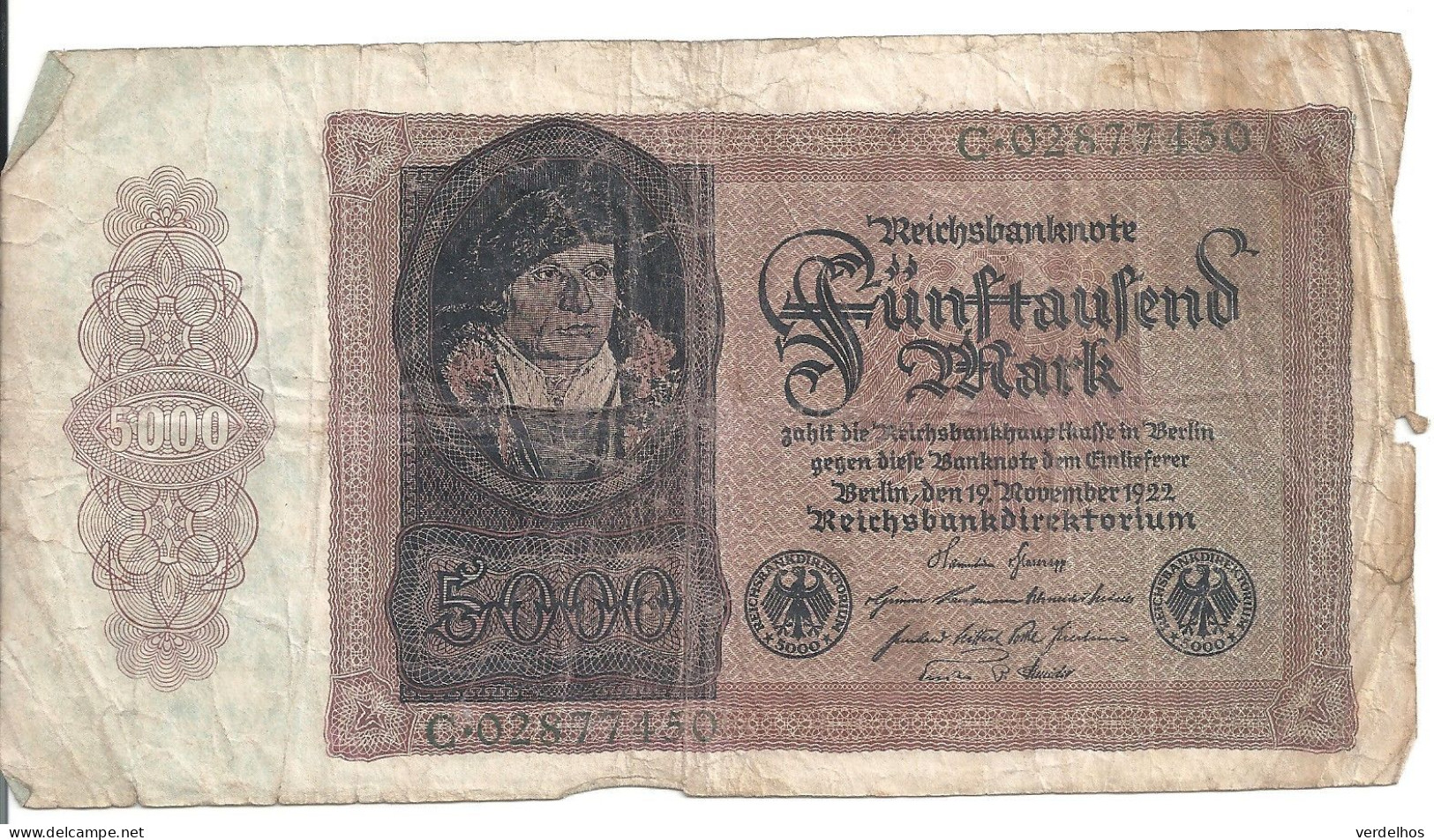 ALLEMAGNE 5000 MARK 1922 VG+ P 77 - 5000 Mark