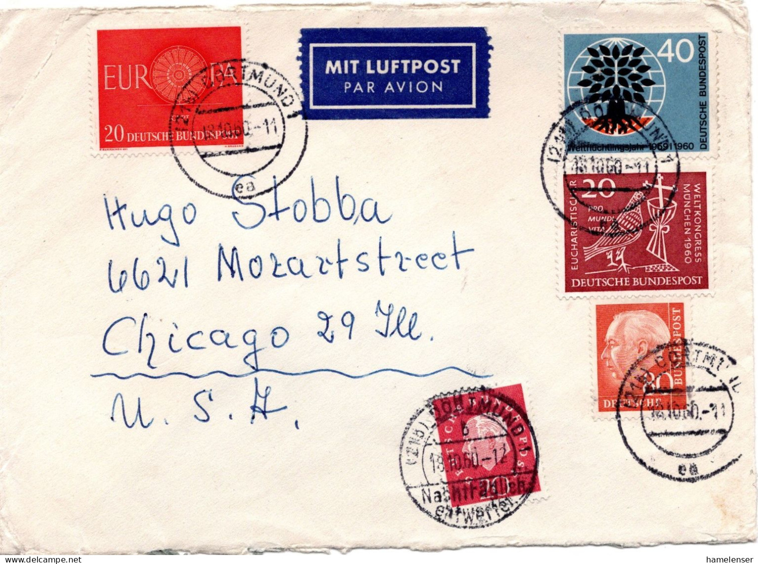 74512 - Bund - 1960 - 80Pfg Heuss II A LpBf DORTMUND -> DORTMUND - NACHTRAEGLICH ENTWERTET -> Chicago, IL (USA) - Storia Postale
