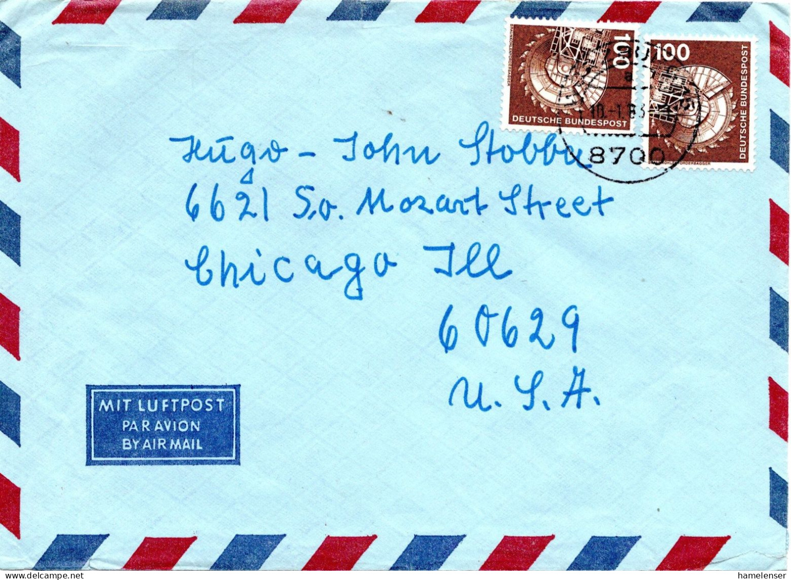 74513 - Bund - 1983 - 2@100Pfg I&T A LpBf WUERZBURG -> Chicago, IL (USA) - Lettres & Documents