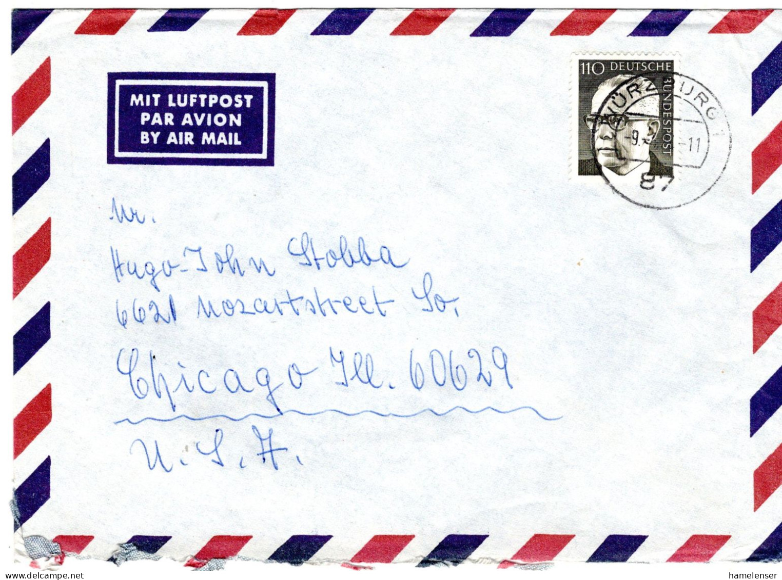 74516 - Bund - 1974 - 110Pfg Heinemann EF A LpBf WUERZBURG -> Chicago, IL (USA) - Storia Postale