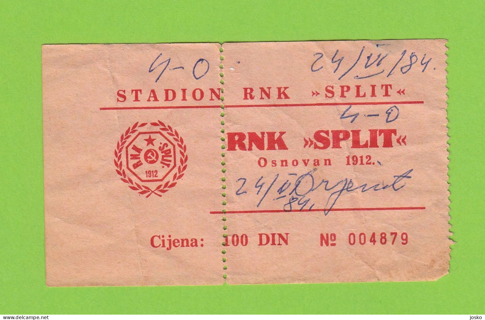 RNK SPLIT V HNK ORIJENT Rijeka Stara Ex Yu Ulaznica Za Prvaka Hrvatske 1984 * Football Ticket Yugoslavia Croatia Croazia - Tickets D'entrée