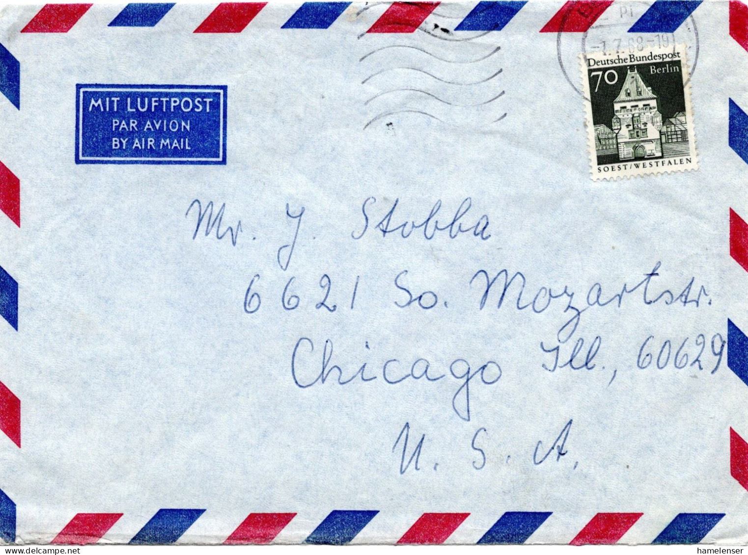 74517 - Berlin - 1968 - 70Pfg Gr Bauten EF A LpBf BERLIN -> Chicago, IL (USA) - Cartas & Documentos