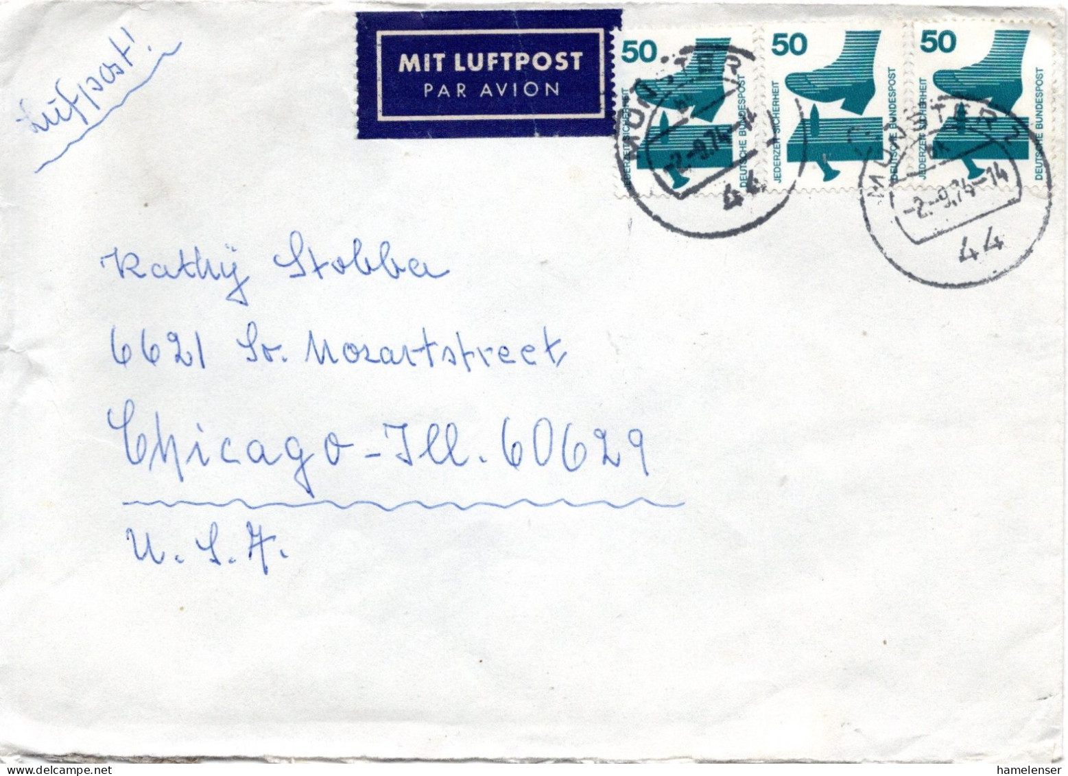 74518 - Bund - 1974 - 3@50Pfg Unfall A LpBf MUENSTER -> Chicago, IL (USA) - Covers & Documents