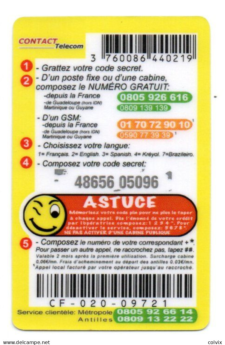 ANTILLES GUADELOUPE MARTINIQUE  CARTE TELEPHONIQUE CONTACT TELECOM 5€ KASSAV GEORGES DECIMUS - Antilles (Françaises)