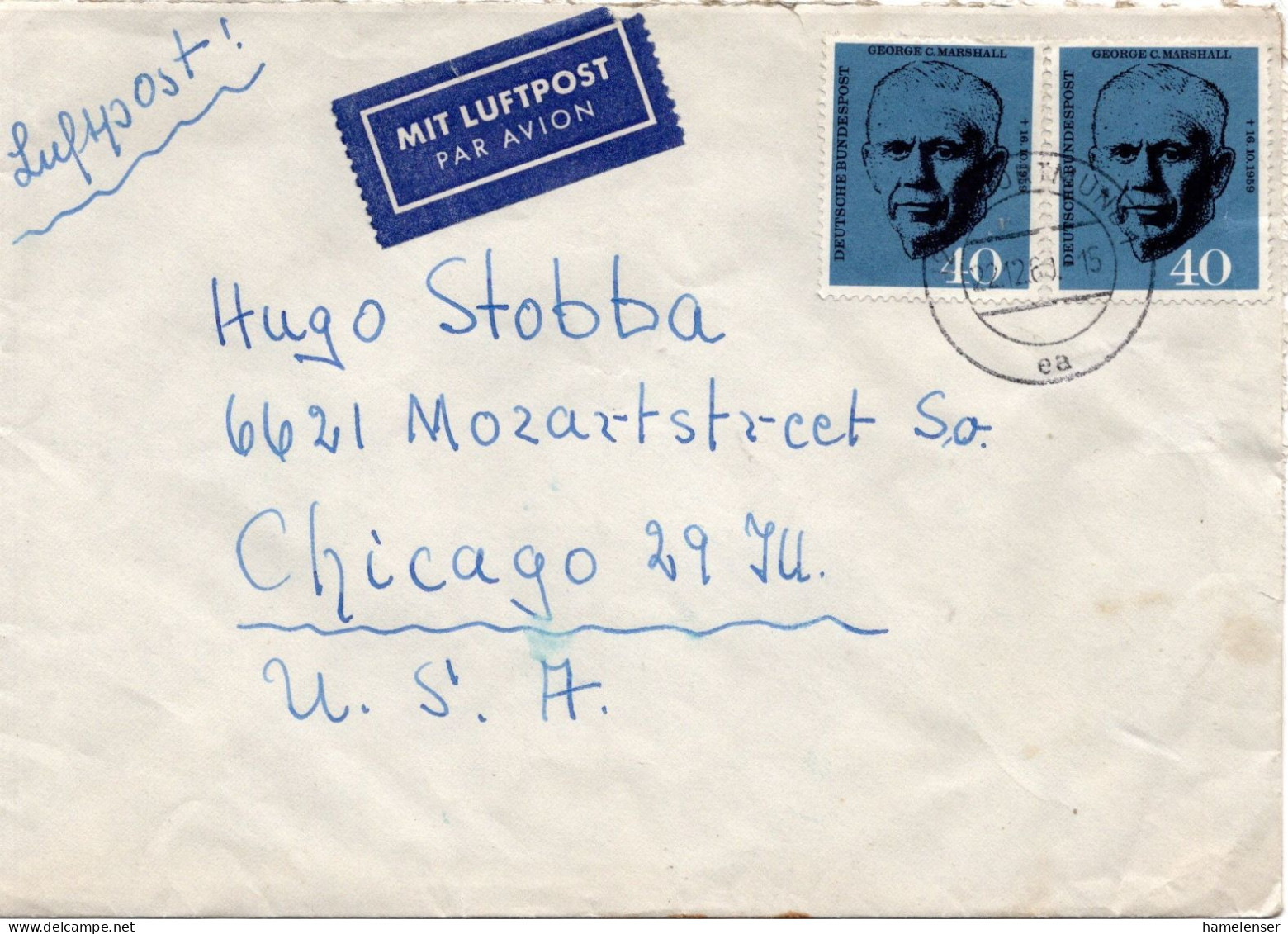 74522 - Bund - 1960 - 2@40Pfg Marshall A LpBf DORTMUND -> Chicago, IL (USA) - Covers & Documents