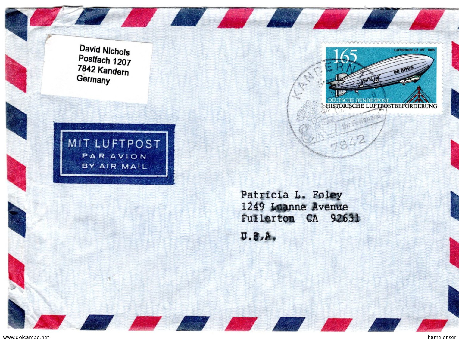 74523 - Bund - 1992 - 165Pfg Zeppelin EF A LpBf KANDERN - ... -> Fullerton, CA (USA) - Zeppelines