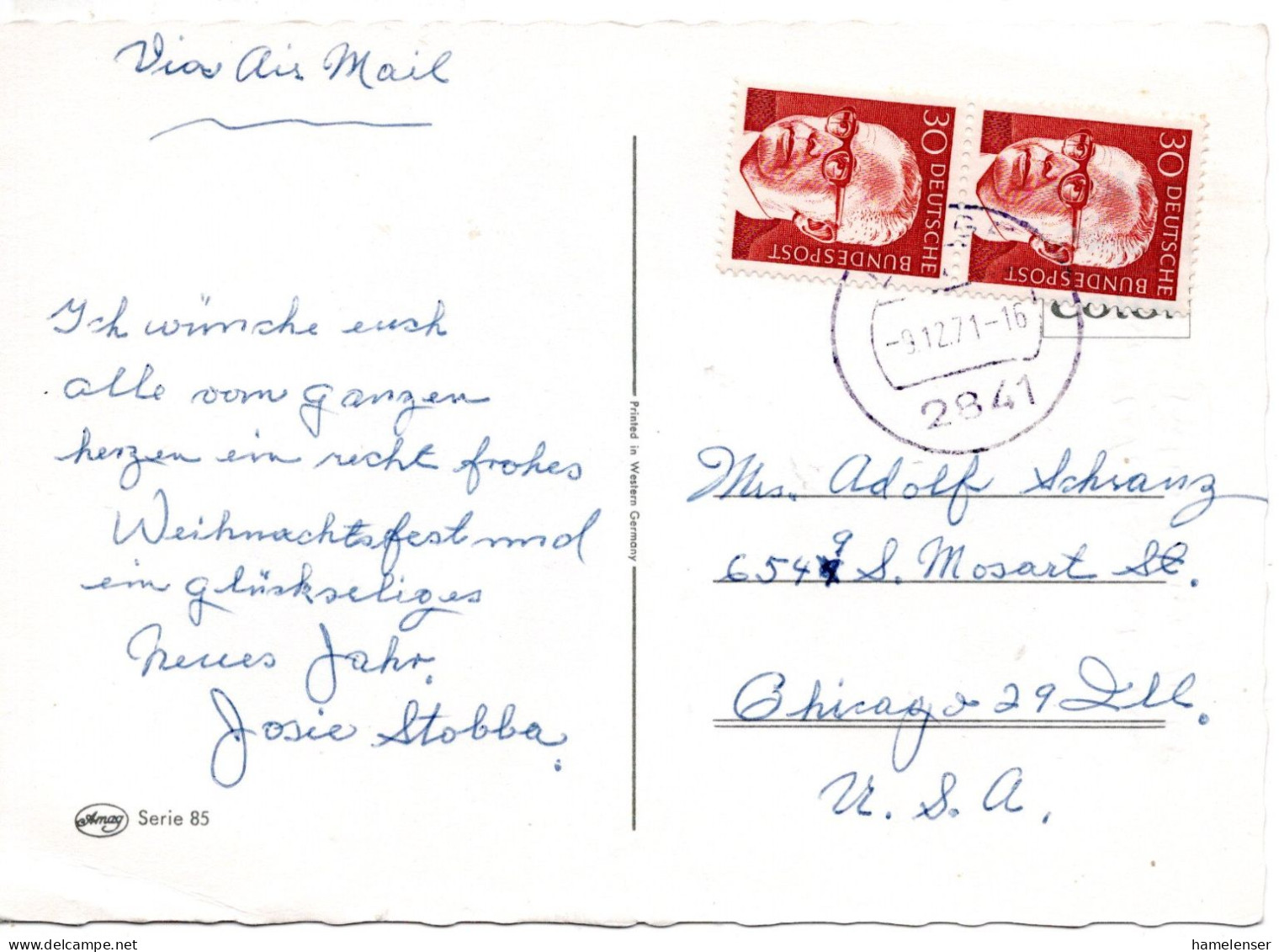 74526 - Bund - 1971 - 2@30Pfg Heinemann A LpAnsKte BURLAGE -> Chicago, IL (USA) - Cartas & Documentos