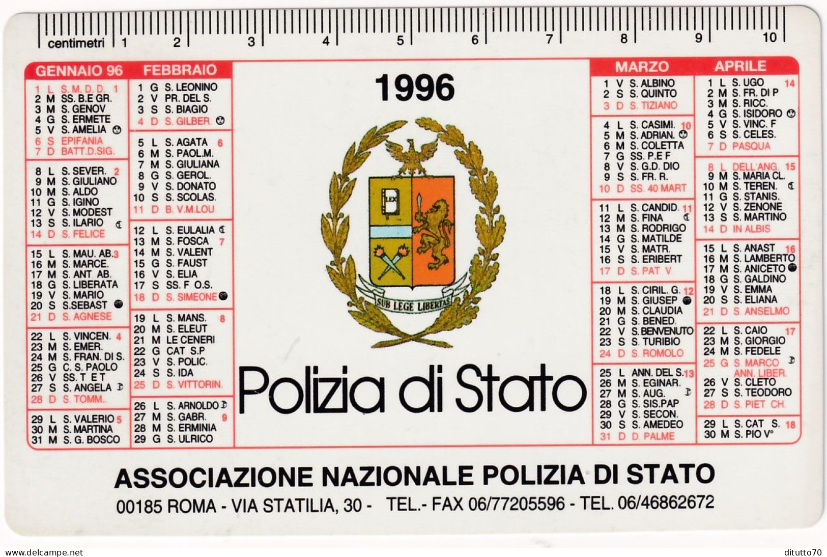 Calendarietto - Associazione Nazionale Polizia Di Stato - Anno 1996 - Grand Format : 1991-00