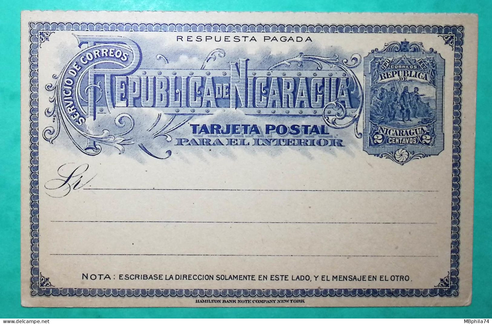 ENTIER REPUBLICA DE NICARAGUA TARJETA POSTAL 2 CENTAVOS BLEU BLUE RESPUESTA PAGADA - Nicaragua