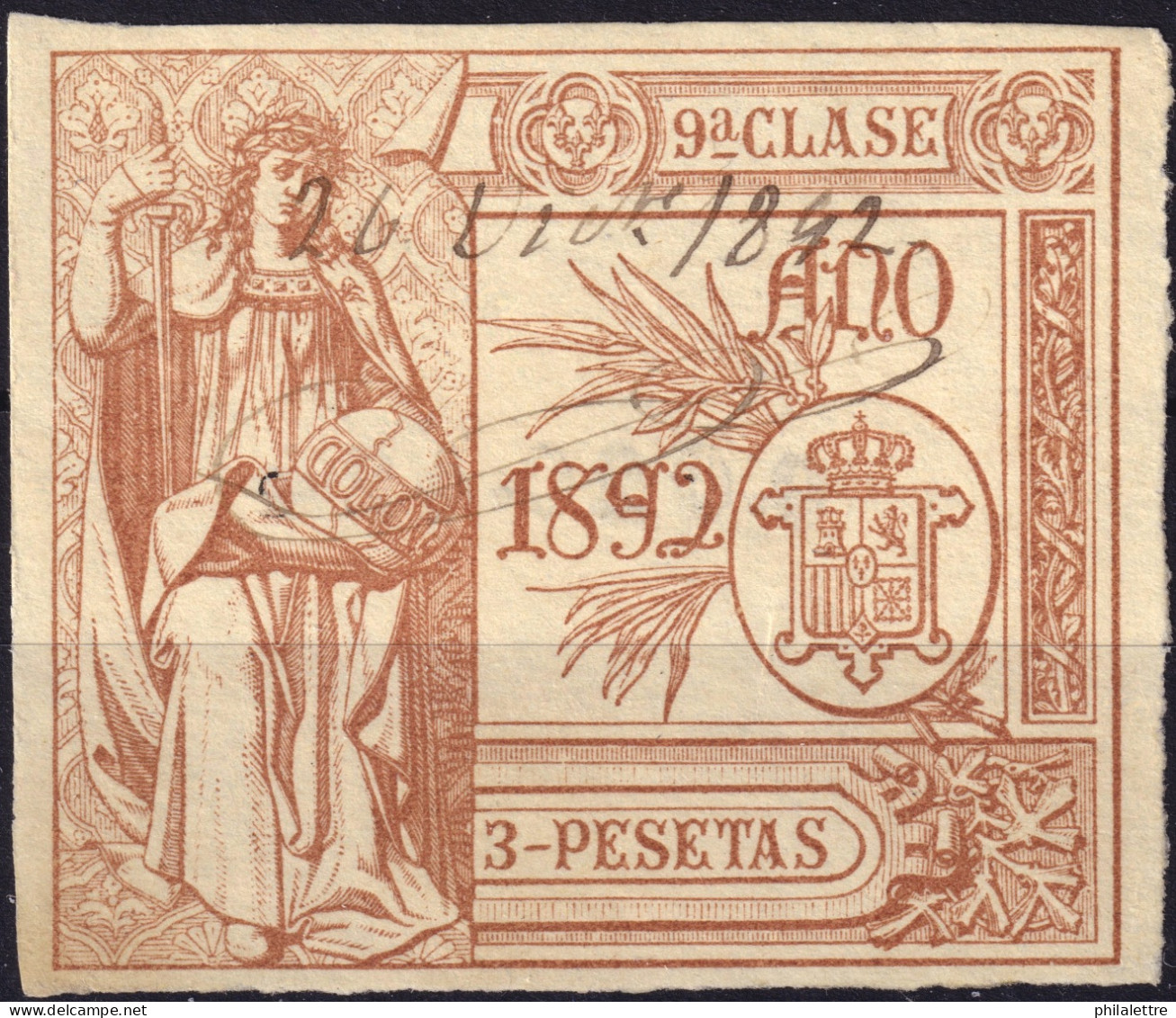 ESPAGNE / ESPANA / SPAIN - 1892 Sellos Fiscales (PÓLIZAS) 3 Ptas Castaño Claro - Ed.367 Usado - Steuermarken