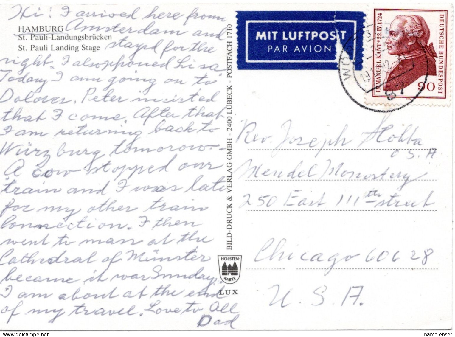 74527 - Bund - 1982 - 90Pfg Kant EF A LpAnsKte WUERZBURG -> Chicago, IL (USA) - Briefe U. Dokumente