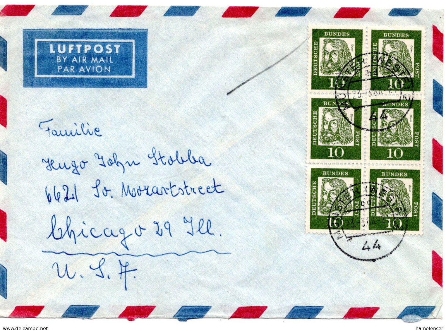 74533 - Bund - 1964 - 6@10Pfg Duerer (6er-Block) A LpBf MUENSTER -> Chicago, IL (USA) - Lettres & Documents