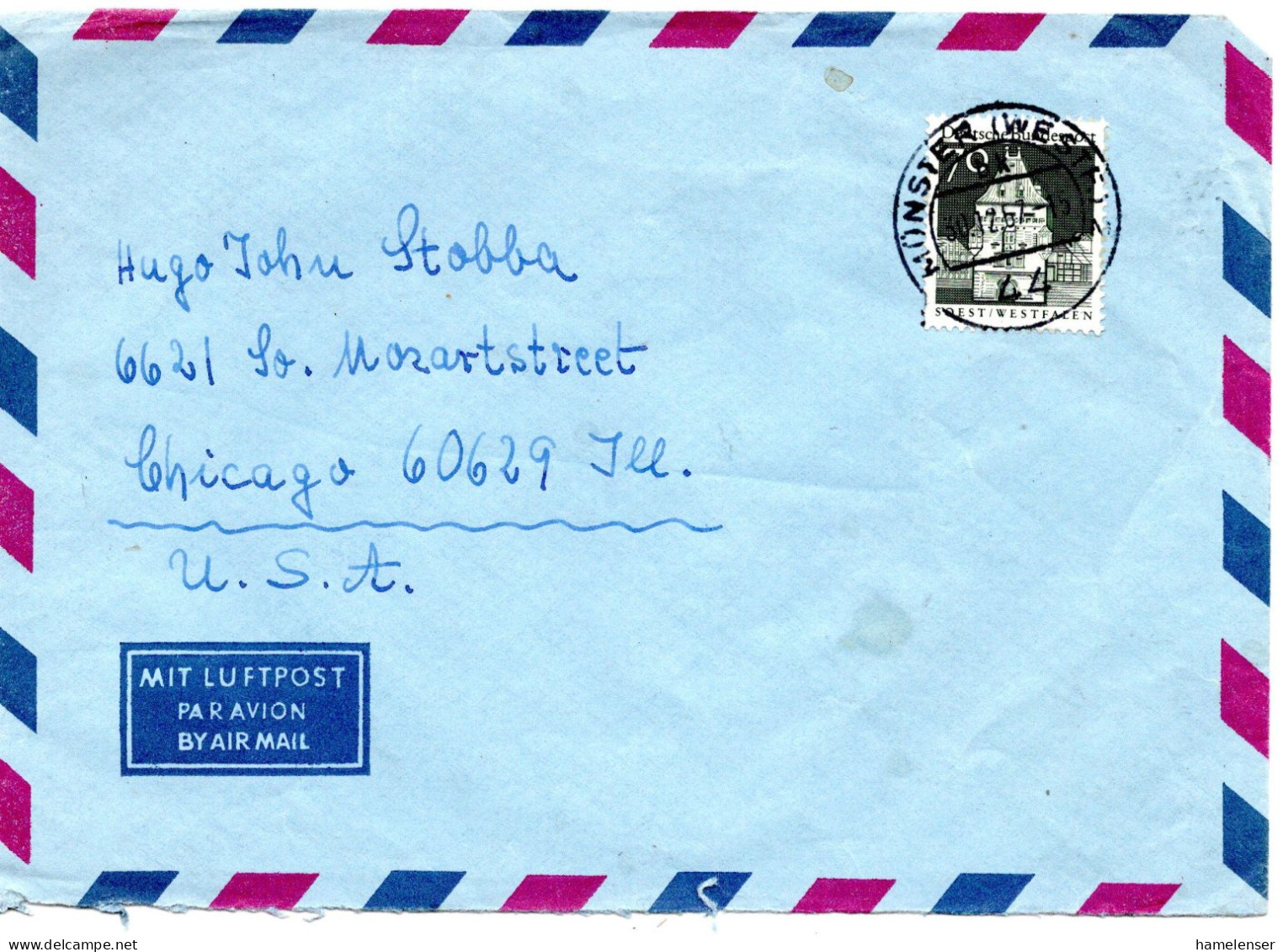74540 - Bund - 1967 - 70Pfg Gr.Bauten EF A LpBf MUENSTER -> Chicago, IL (USA) - Storia Postale
