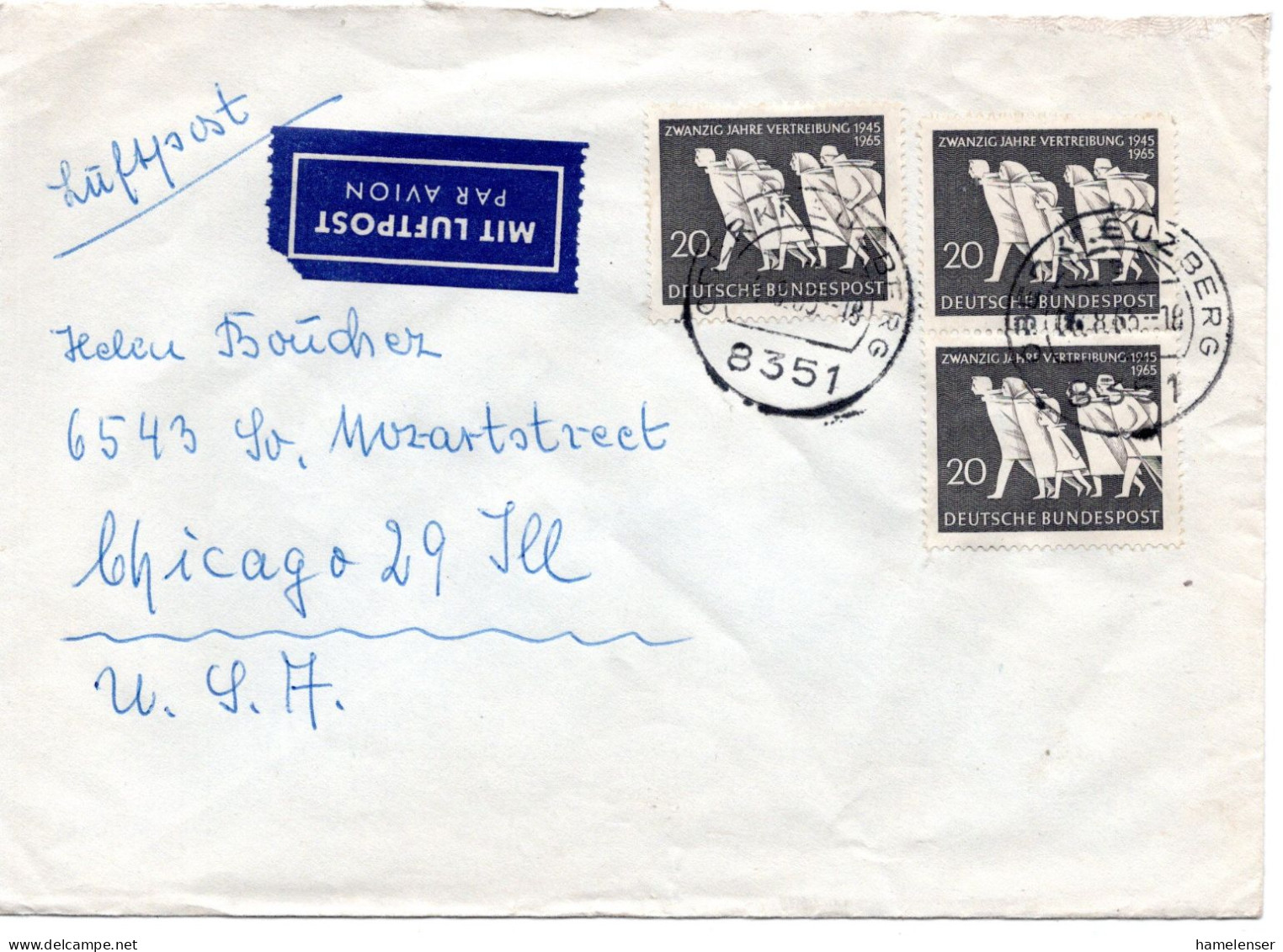 74542 - Bund - 1965 - 3@20Pfg Vertreibung A LpBf OBERKREUZBERG -> Chicago, IL (USA) - Lettres & Documents