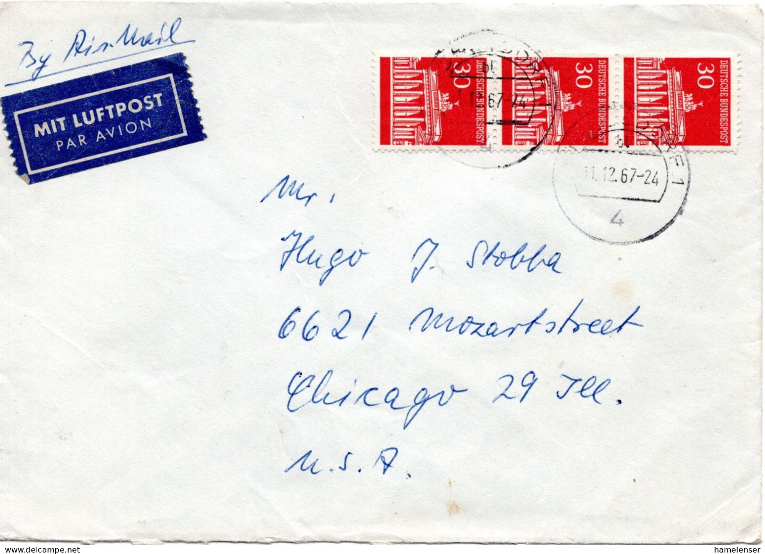 74549 - Bund - 1967 - 3@30Pfg Brandenburger Tor A LpBf DUESSELDORF -> Chicago, IL (USA) - Storia Postale