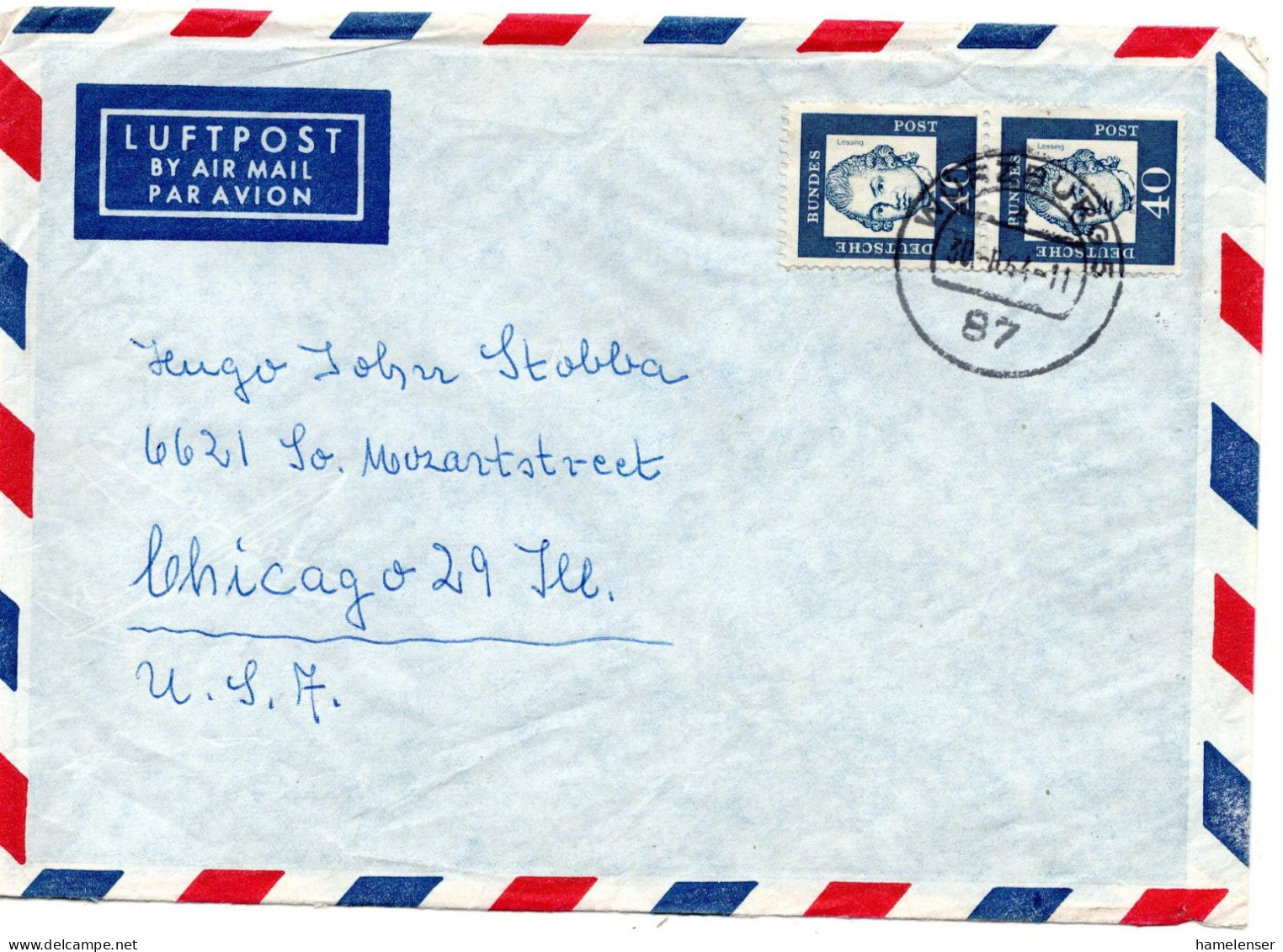 74555 - Bund - 1964 - 2@40Pfg Lessing A LpBf WUERZBURG -> Chicago, IL (USA) - Storia Postale
