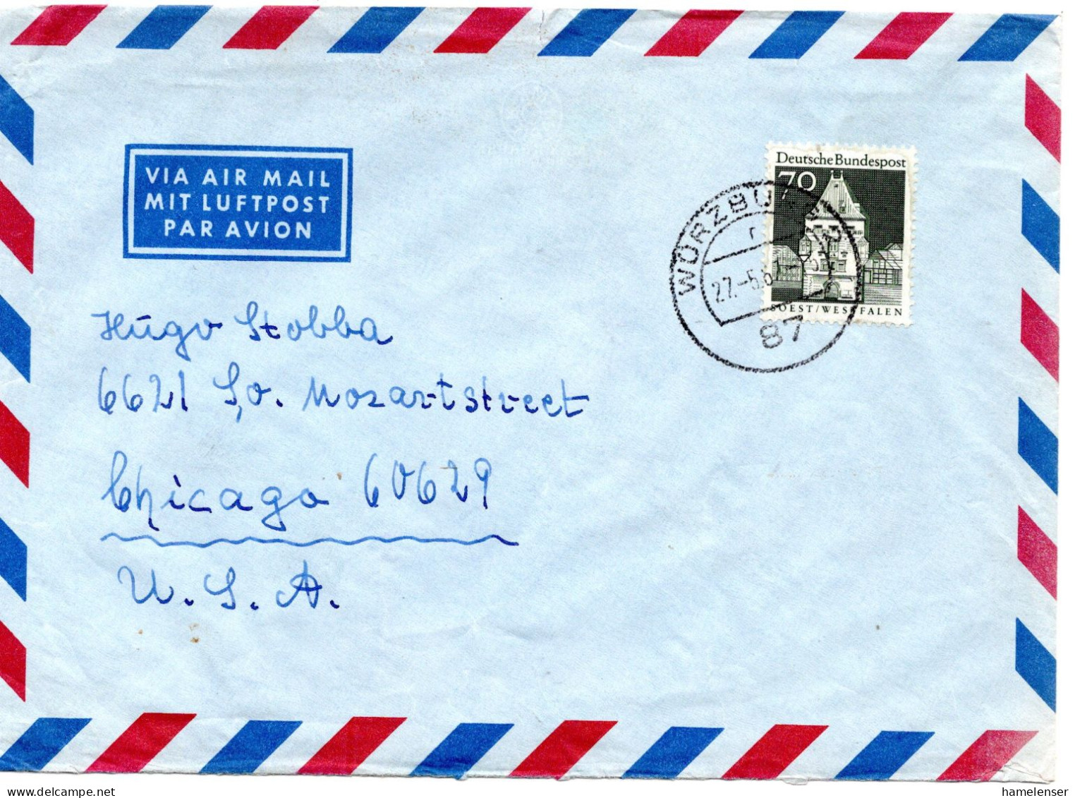 74559 - Bund - 1967 - 70Pfg Gr.Bauten A LpBf WUERZBURG -> Chicago, IL (USA) - Storia Postale