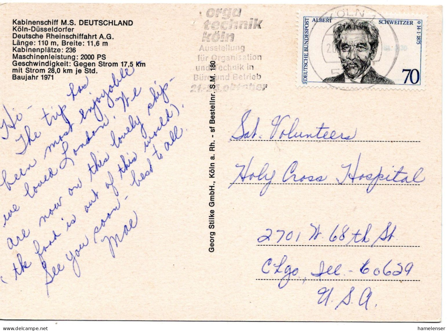 74563 - Bund - 1975 - 70Pfg Schweitzer EF A AnsKte KOELN -> Chicago, IL (USA) - Lettres & Documents