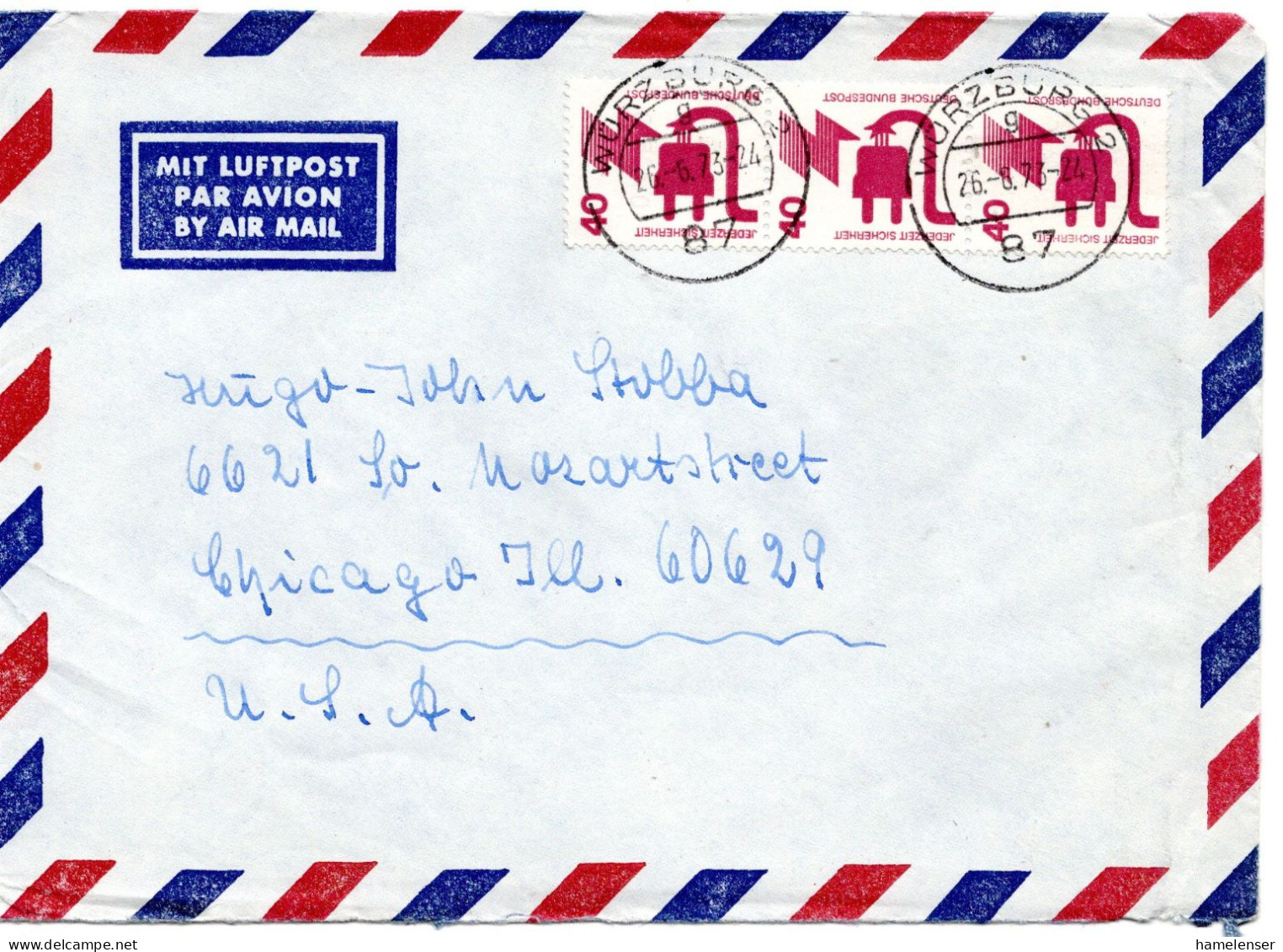 74564 - Bund - 1973 - 3@40Pfg Unfall A LpBf WUERZBURG -> Chicago, IL (USA) - Briefe U. Dokumente