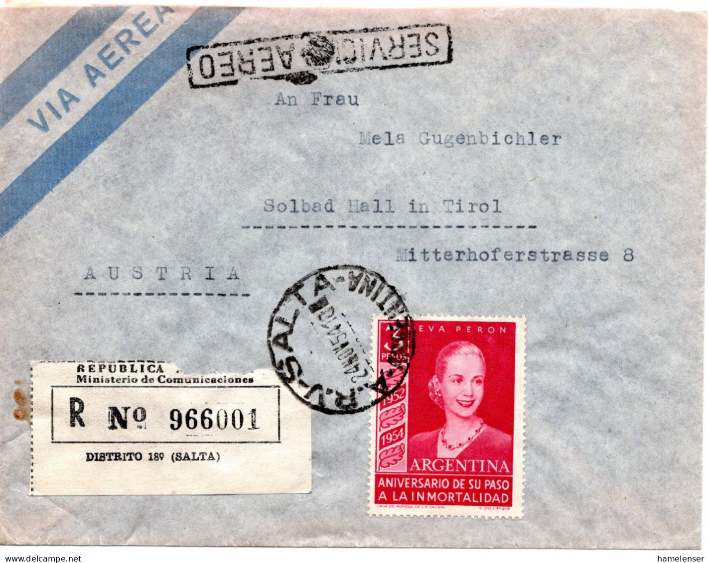 74568 - Argentinien - 1954 - 3P Eva Peron EF A R-LpBf A.R.V.SALTA -> Österreich - Storia Postale