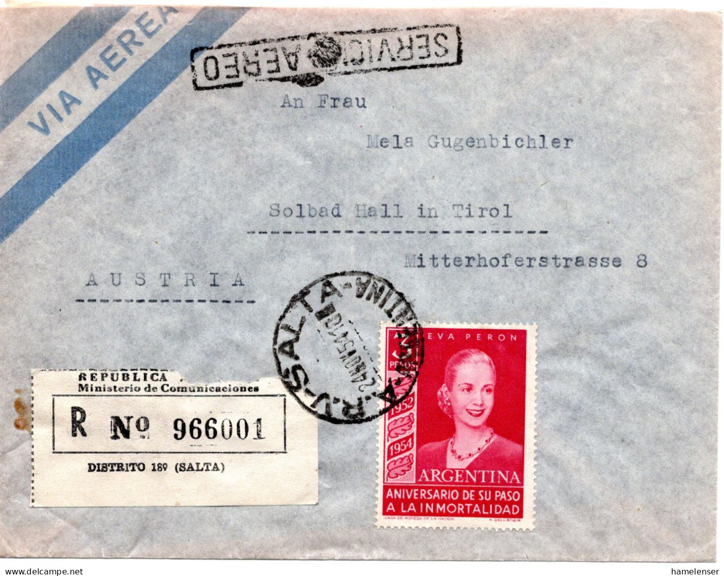 74568 - Argentinien - 1954 - 3P Eva Peron EF A R-LpBf A.R.V.SALTA -> Österreich - Covers & Documents