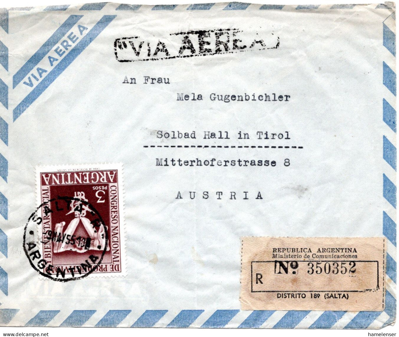 74569 - Argentinien - 1955 - 3P Produktivitaetskongress EF A R-LpBf A.R.V.SALTA -> INNSBRUCK -> Hall (Österreich) - Lettres & Documents